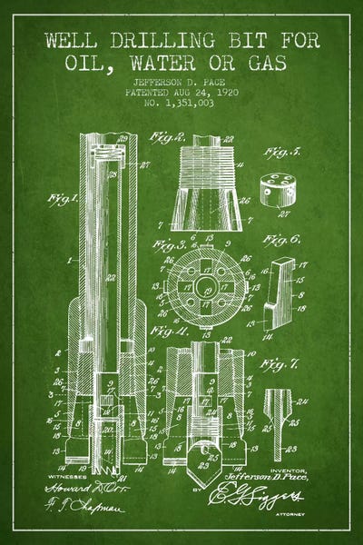 Engineering & Machinery Blueprints: Oil Drill Bit Green Patent Blueprint by Aged Pixel