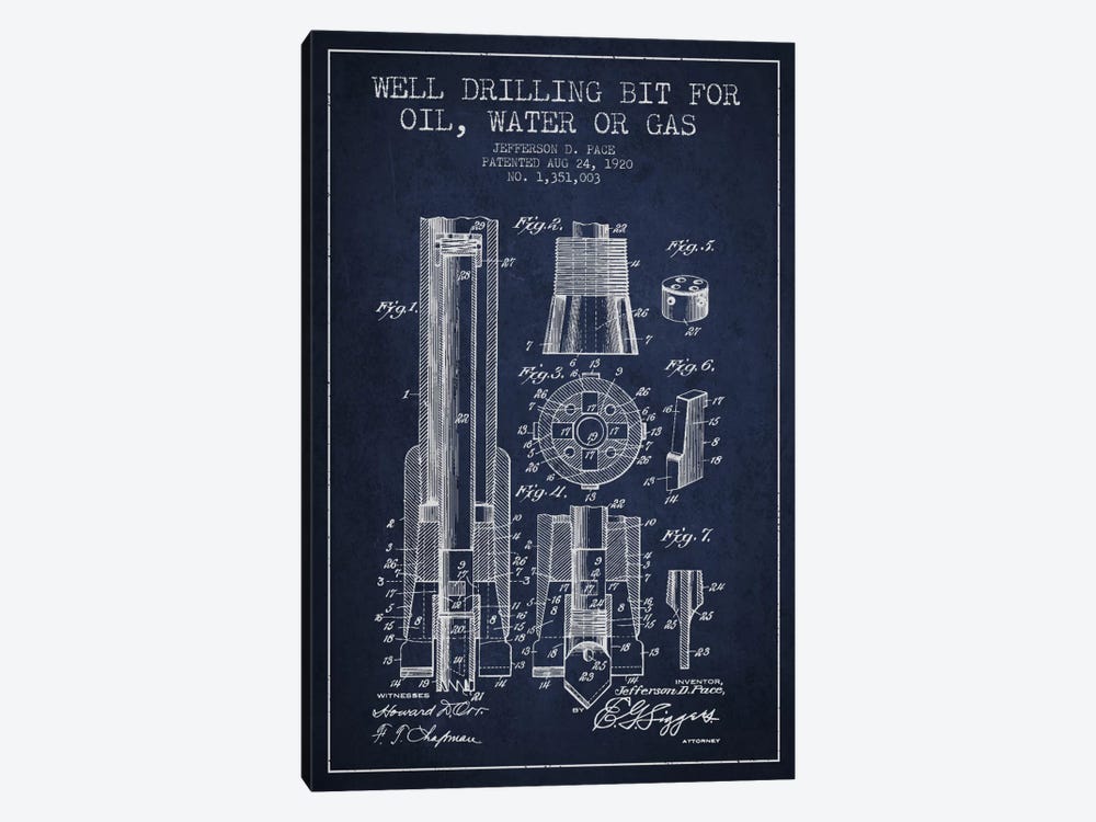 Oil Drill Bit Navy Blue Patent Blueprint by Aged Pixel 1-piece Canvas Artwork