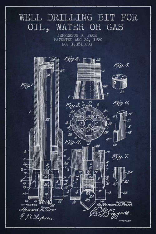 Oil Drill Bit Navy Blue Patent Blueprint