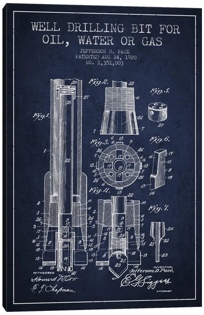 Oil Drill Bit Navy Blue Patent Blueprint Canvas Art Print - Engineering & Machinery Blueprints