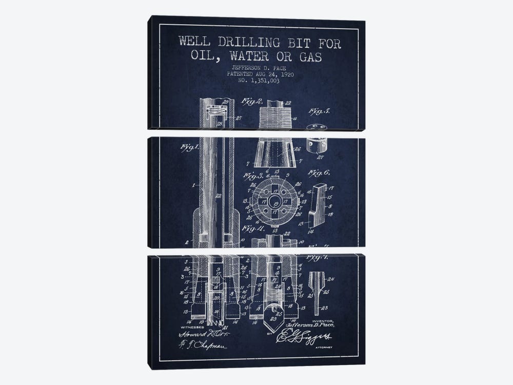 Oil Drill Bit Navy Blue Patent Blueprint by Aged Pixel 3-piece Canvas Wall Art