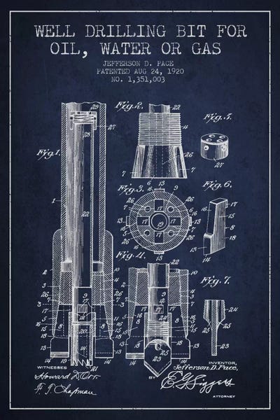 Engineering & Machinery Blueprints: Oil Drill Bit Navy Blue Patent Blueprint by Aged Pixel