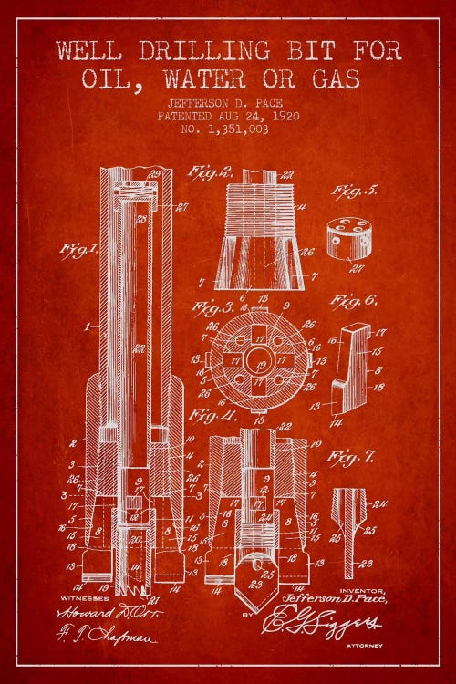 Oil Drill Bit Red Patent Blueprint