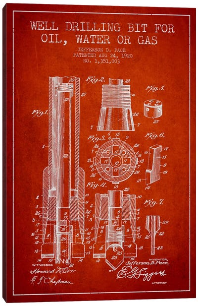 Oil Drill Bit Red Patent Blueprint Canvas Art Print - Aged Pixel: Engineering & Machinery