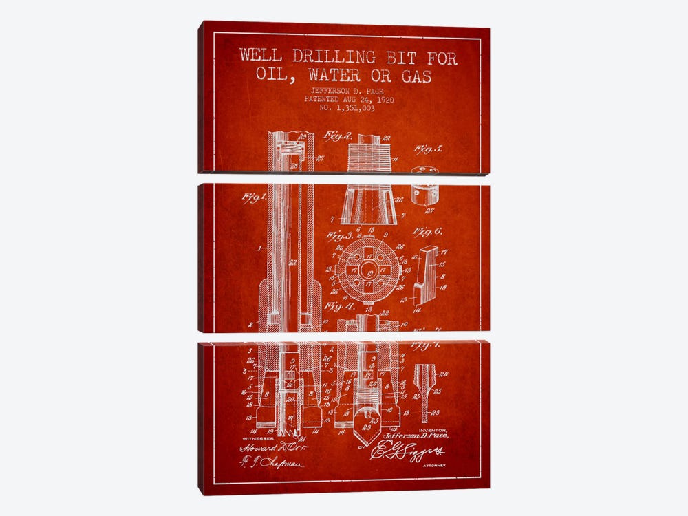 Oil Drill Bit Red Patent Blueprint by Aged Pixel 3-piece Canvas Art Print