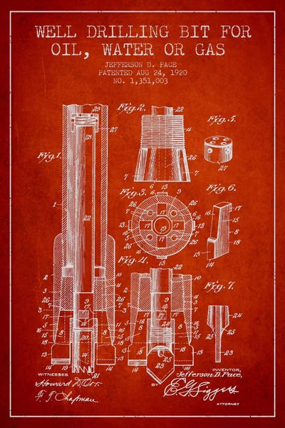 Engineering & Machinery Blueprints: Oil Drill Bit Red Patent Blueprint by Aged Pixel