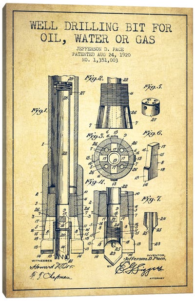 Oil Drill Bit Vintage Patent Blueprint Canvas Art Print - Aged Pixel: Engineering & Machinery