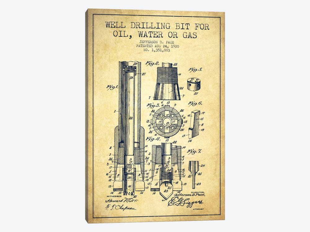 Oil Drill Bit Vintage Patent Blueprint by Aged Pixel 1-piece Canvas Wall Art