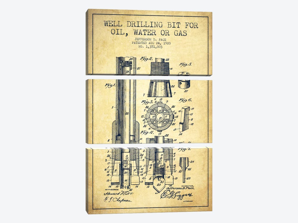 Oil Drill Bit Vintage Patent Blueprint by Aged Pixel 3-piece Canvas Wall Art