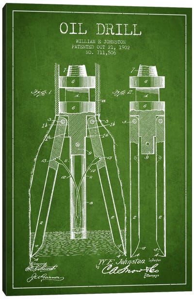 Oil Drill Green Patent Blueprint Canvas Art Print - Aged Pixel: Engineering & Machinery