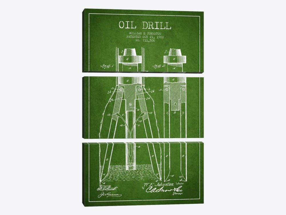 Oil Drill Green Patent Blueprint by Aged Pixel 3-piece Canvas Artwork