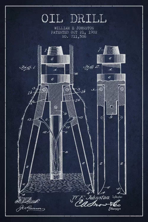 Oil Drill Navy Blue Patent Blueprint by Aged Pixel wall art