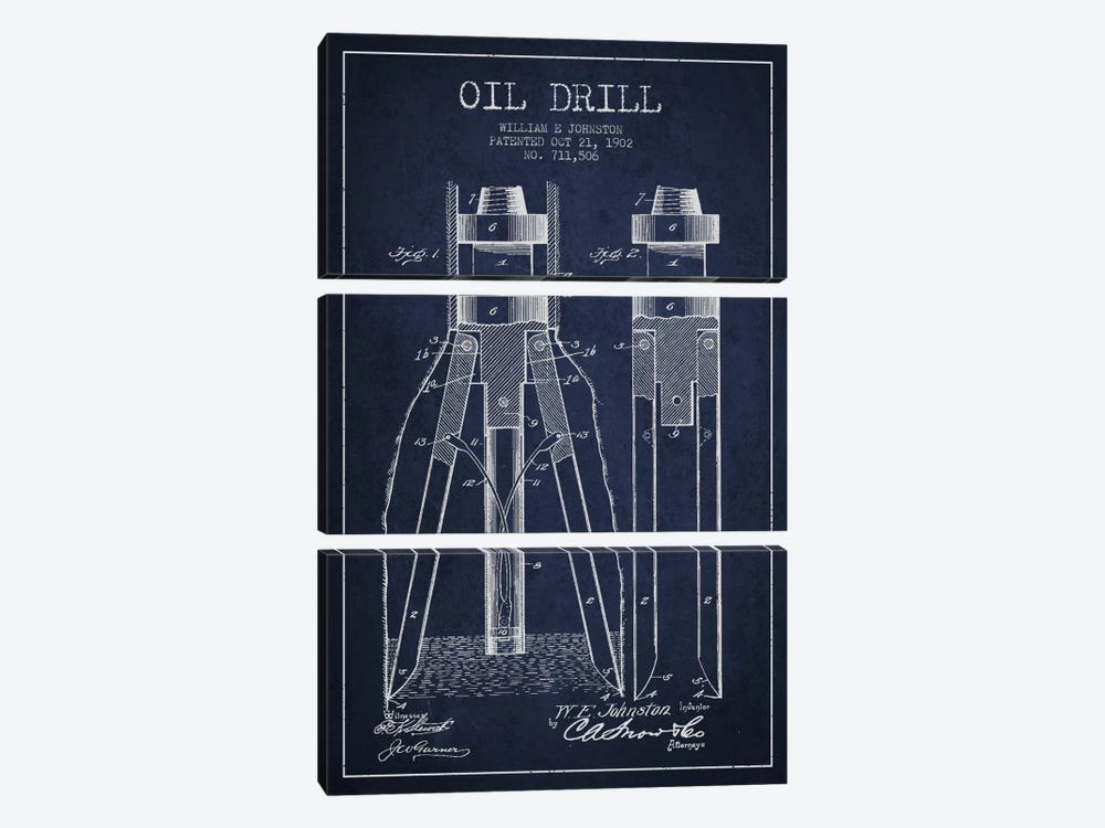 Oil Drill Navy Blue Patent Blueprint by Aged Pixel 3-piece Canvas Art Print