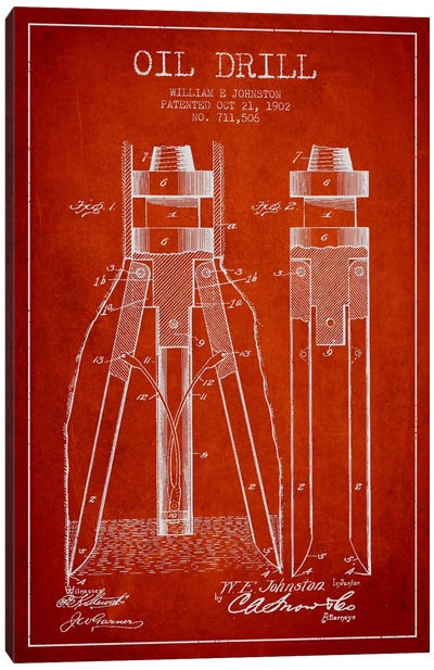 Oil Drill Red Patent Blueprint Canvas Art Print - Aged Pixel: Engineering & Machinery