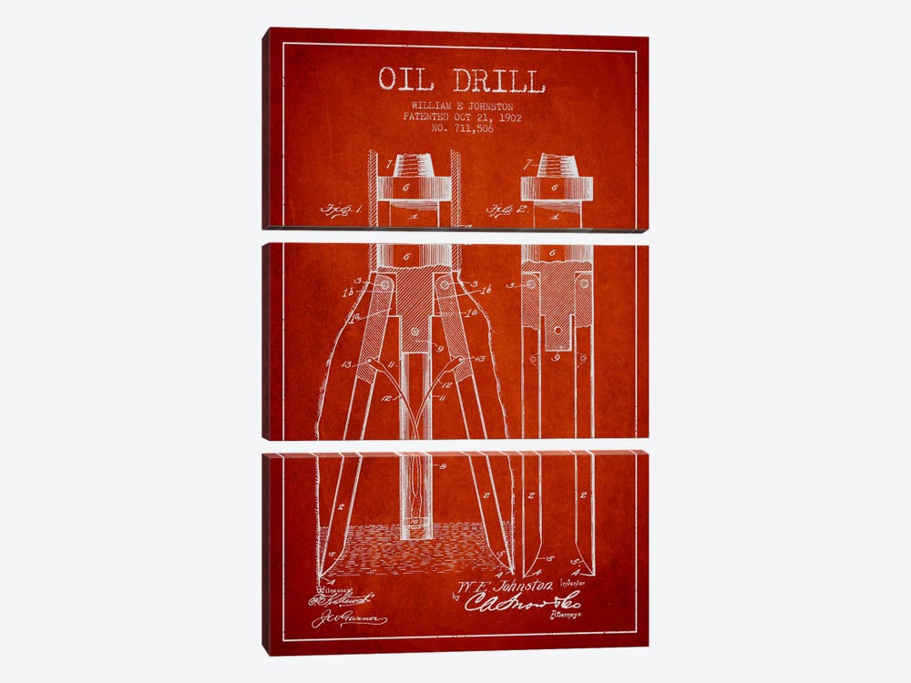 Oil Drill Red Patent Blueprint by Aged Pixel 3-piece Canvas Art