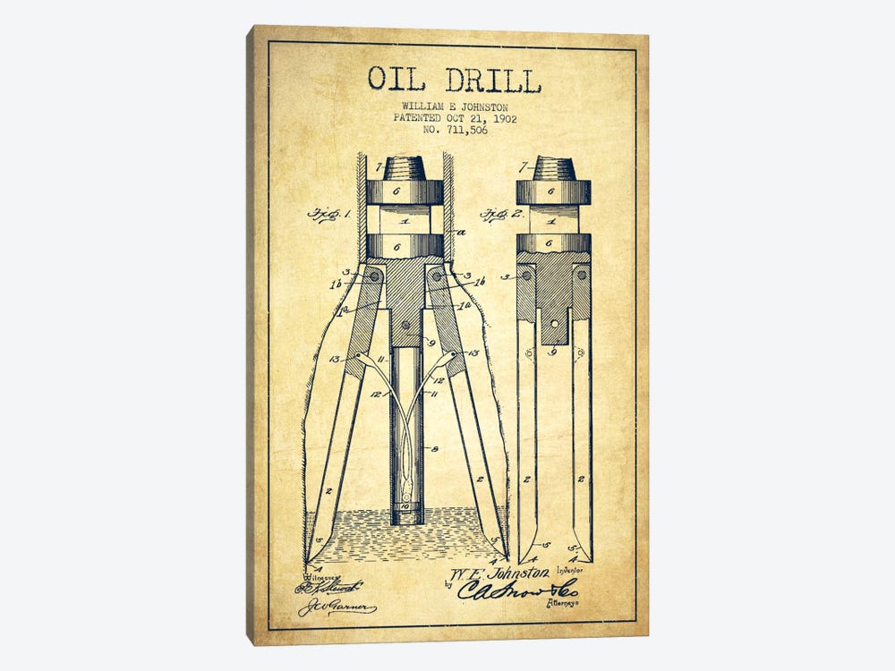 Oil Drill Vintage Patent Blueprint by Aged Pixel 1-piece Canvas Print