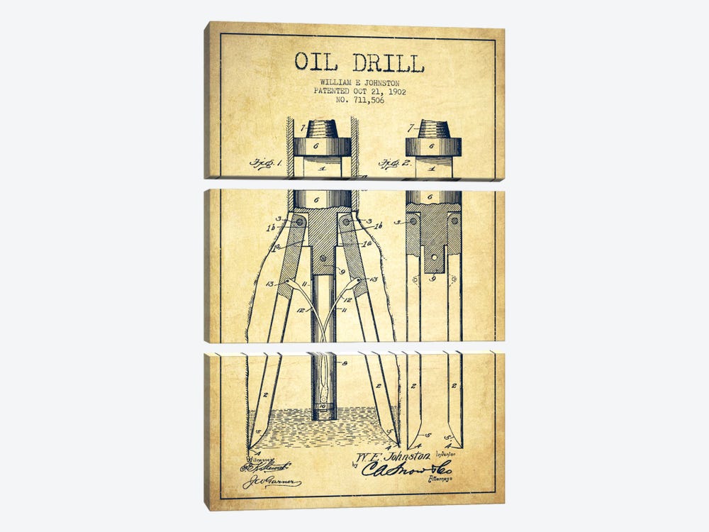Oil Drill Vintage Patent Blueprint by Aged Pixel 3-piece Canvas Print