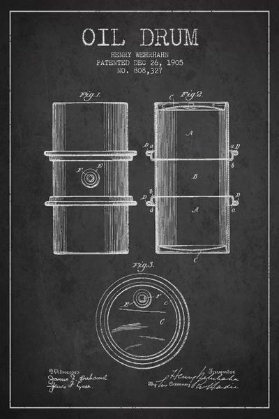 Engineering & Machinery Blueprints: Oil Drum Charcoal Patent Blueprint by Aged Pixel