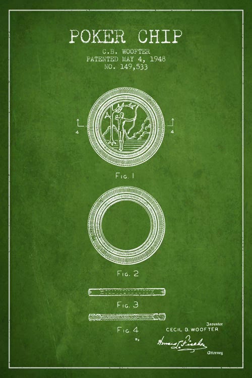 Poker Chip 2 Green Patent Blueprint by Aged Pixel wall art