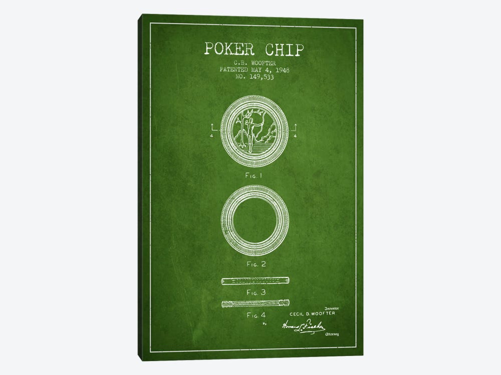 Poker Chip 2 Green Patent Blueprint by Aged Pixel 1-piece Canvas Artwork