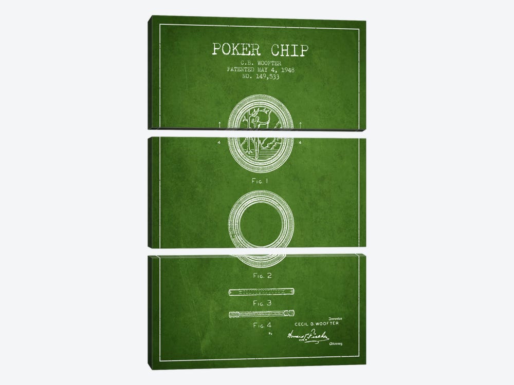 Poker Chip 2 Green Patent Blueprint by Aged Pixel 3-piece Canvas Artwork