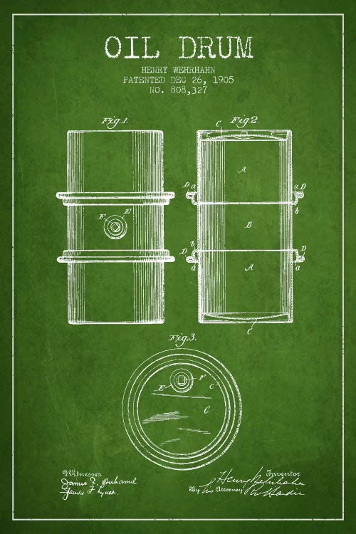 Oil Drum Green Patent Blueprint by Aged Pixel wall art