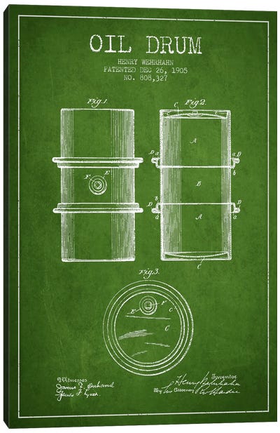 Oil Drum Green Patent Blueprint Canvas Art Print - Aged Pixel: Engineering & Machinery