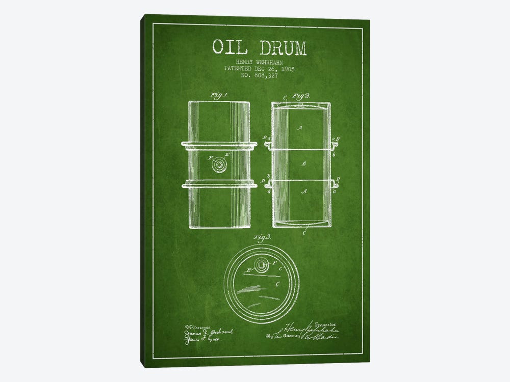 Oil Drum Green Patent Blueprint by Aged Pixel 1-piece Canvas Art