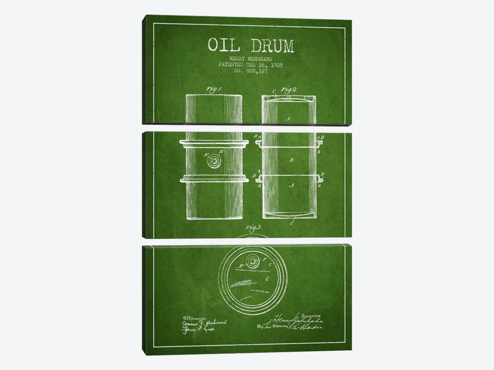 Oil Drum Green Patent Blueprint by Aged Pixel 3-piece Canvas Artwork