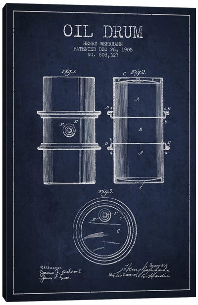 Oil Drum Navy Blue Patent Blueprint Canvas Art Print - Engineering & Machinery Blueprints