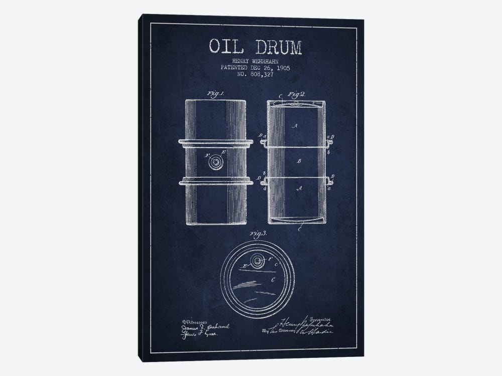 Oil Drum Navy Blue Patent Blueprint by Aged Pixel 1-piece Canvas Art Print