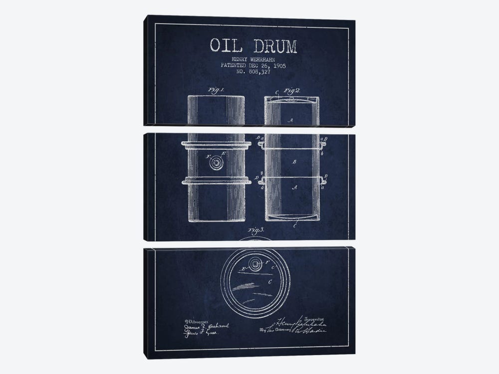 Oil Drum Navy Blue Patent Blueprint by Aged Pixel 3-piece Art Print