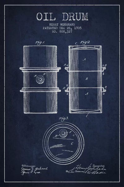 Engineering & Machinery Blueprints: Oil Drum Navy Blue Patent Blueprint by Aged Pixel