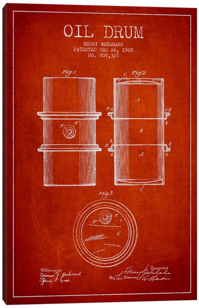 Oil Drum Red Patent Blueprint Canvas Art Print - Aged Pixel: Engineering & Machinery