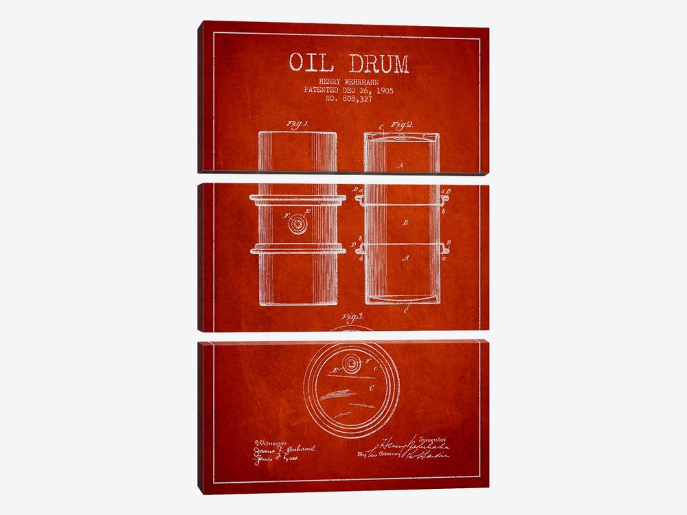 Oil Drum Red Patent Blueprint by Aged Pixel 3-piece Canvas Artwork