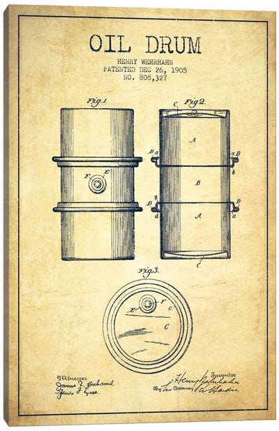 Oil Drum Vintage Patent Blueprint Canvas Art Print - Aged Pixel: Engineering & Machinery
