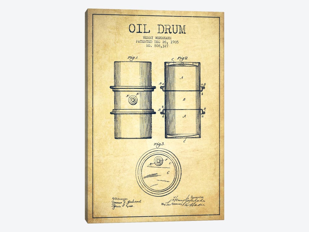 Oil Drum Vintage Patent Blueprint by Aged Pixel 1-piece Canvas Print