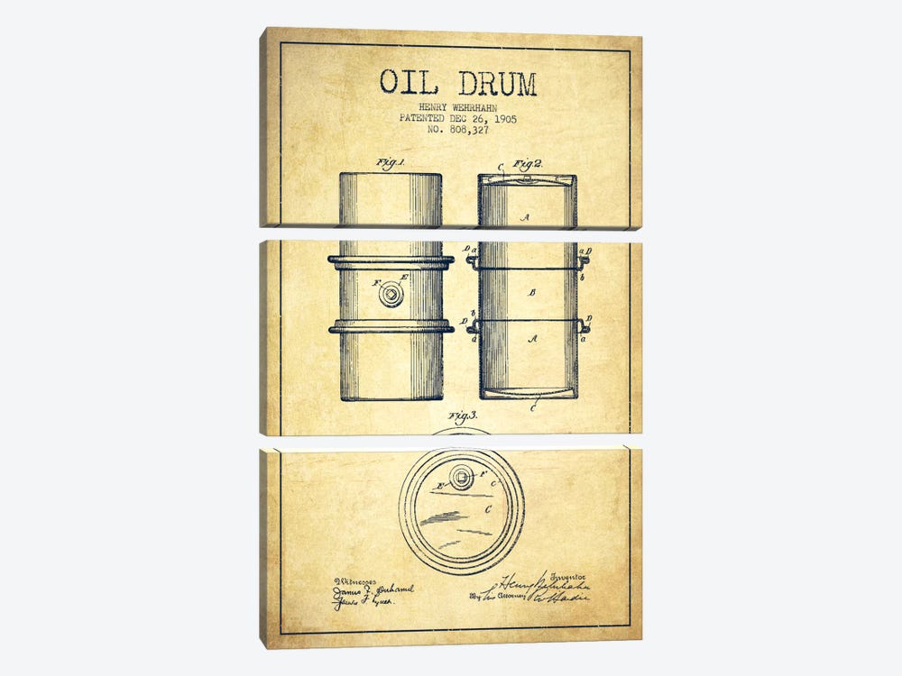 Oil Drum Vintage Patent Blueprint by Aged Pixel 3-piece Art Print