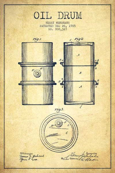 Engineering & Machinery Blueprints: Oil Drum Vintage Patent Blueprint by Aged Pixel