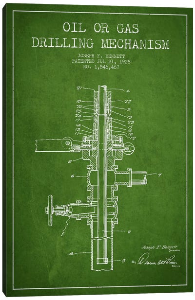 Oil Gas Mechanism Green Patent Blueprint Canvas Art Print - Engineering & Machinery Blueprints