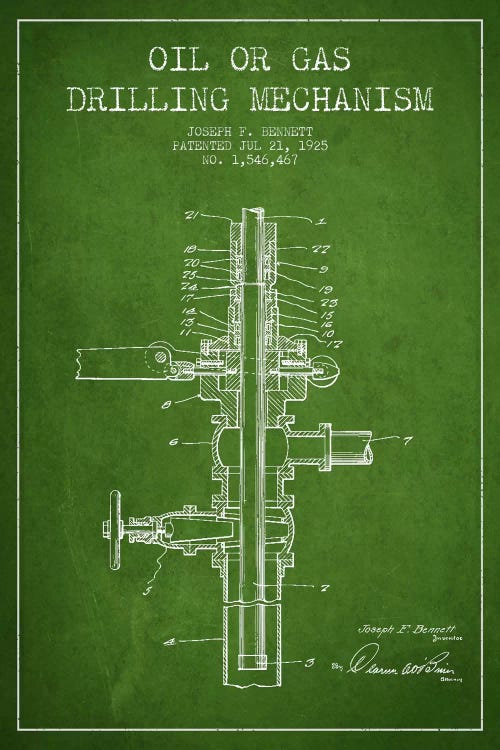 Oil Gas Mechanism Green Patent Blueprint by Aged Pixel wall art