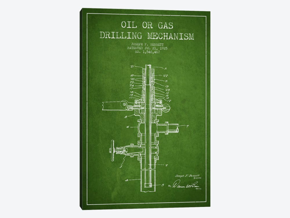 Oil Gas Mechanism Green Patent Blueprint by Aged Pixel 1-piece Canvas Art Print