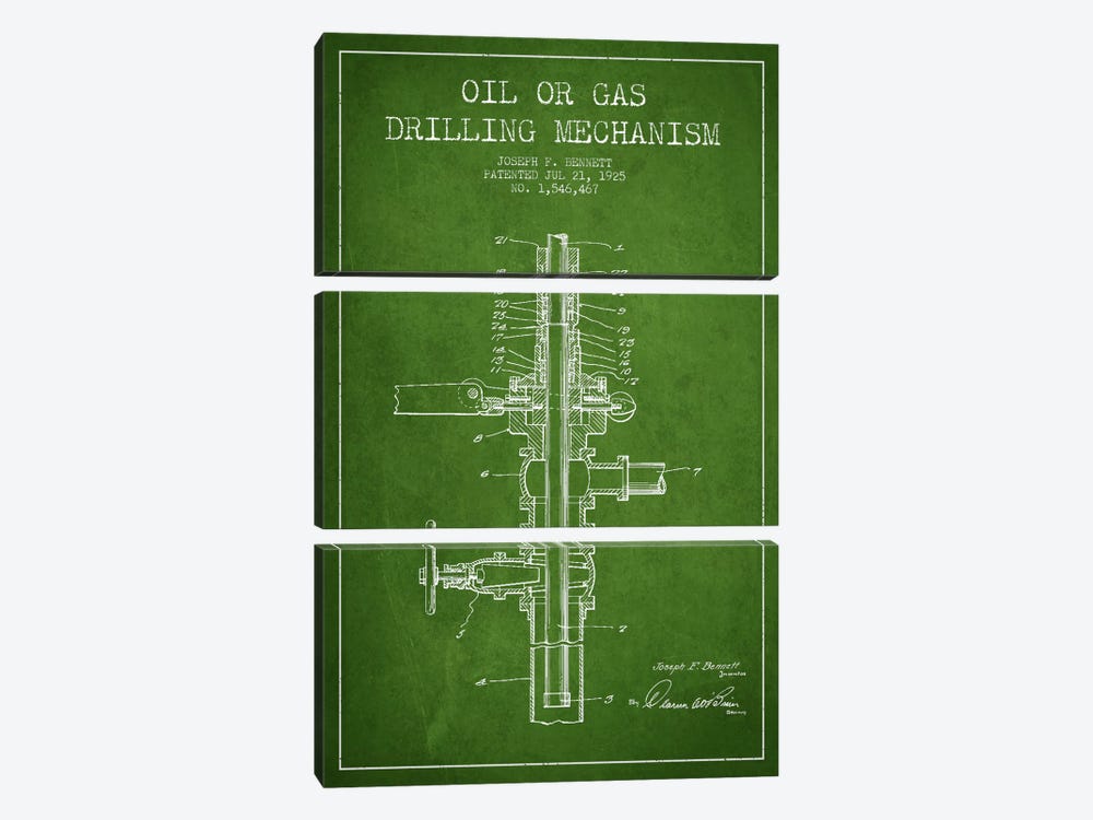 Oil Gas Mechanism Green Patent Blueprint by Aged Pixel 3-piece Art Print