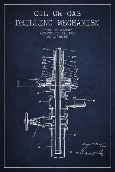 Oil Gas Mechanism Navy Blue Patent Blueprint by Aged Pixel metal wall art