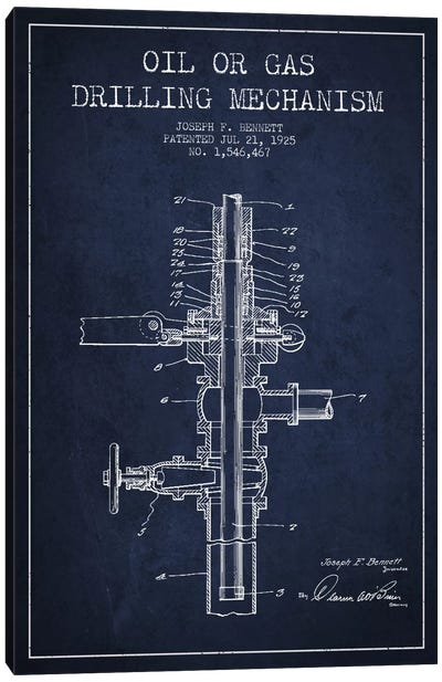 Oil Gas Mechanism Navy Blue Patent Blueprint Canvas Art Print - Engineering & Machinery Blueprints