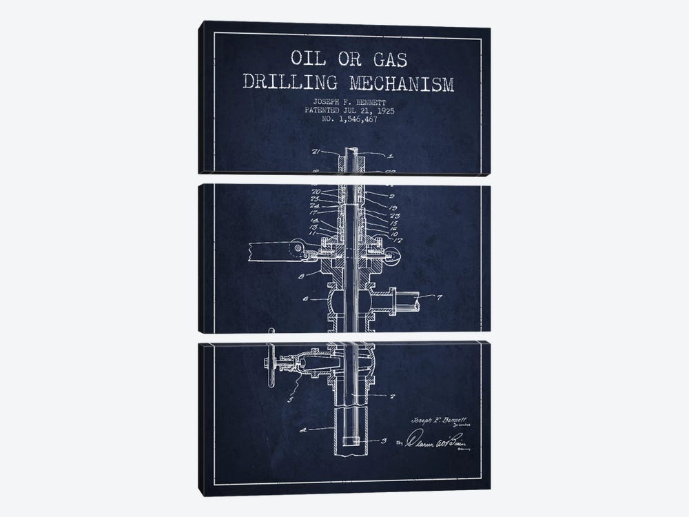Oil Gas Mechanism Navy Blue Patent Blueprint by Aged Pixel 3-piece Canvas Art