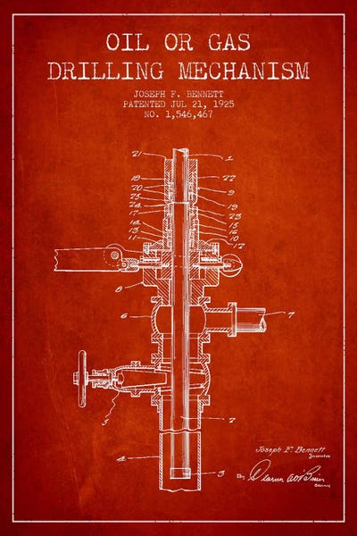 Oil Gas Mechanism Red Patent Blueprint by Aged Pixel metal wall art