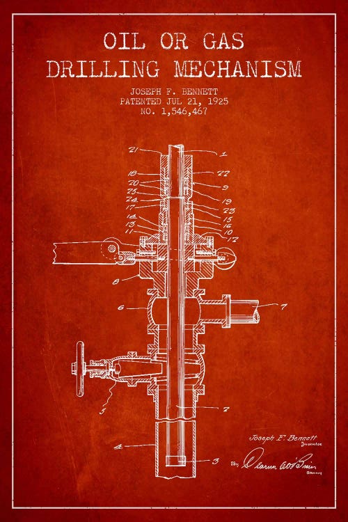 Oil Gas Mechanism Red Patent Blueprint by Aged Pixel wall art