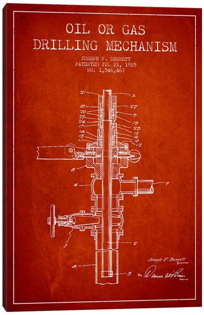 Oil Gas Mechanism Red Patent Blueprint Canvas Art Print - Aged Pixel: Engineering & Machinery