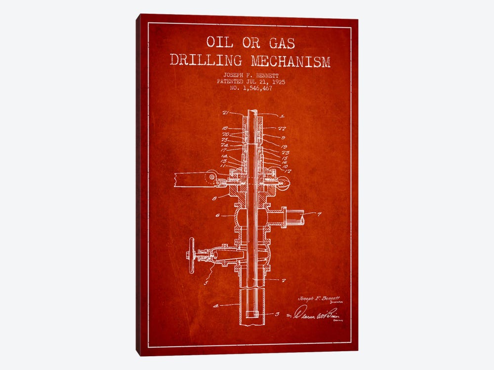 Oil Gas Mechanism Red Patent Blueprint by Aged Pixel 1-piece Canvas Art Print